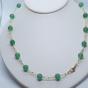 New, Stamped, Green Aventurine Paper Clip Chain Station Necklace,